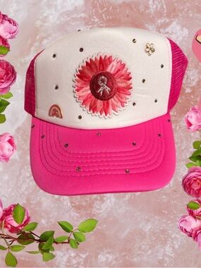 Breast Cancer Pink and White Floral Patch Trucker Hat